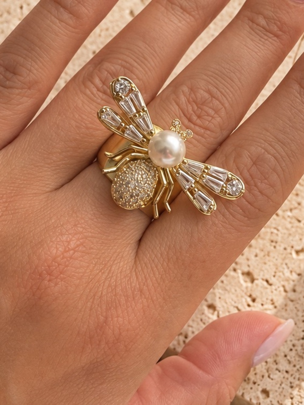 Gold Bee Pearl & Crystal Statement Ring